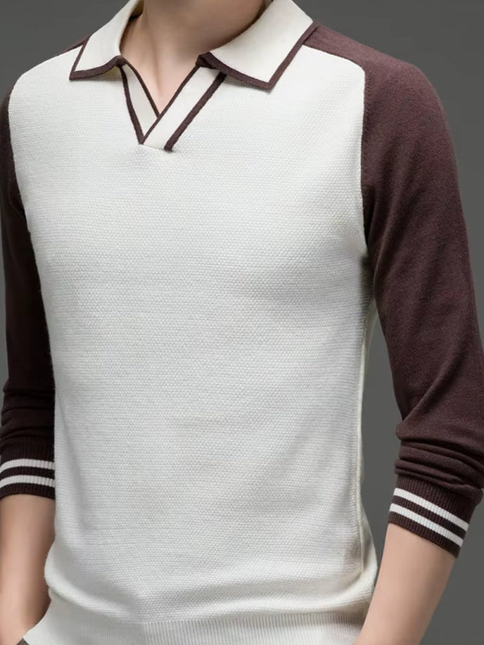 Long Sleeve Business Casual Polo Collar Knitwear, Daily Wear, Breathable and Warm, Color Matching Fashion Woolen Sweater