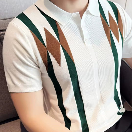 Contemporary Men'S Polo: White Shirt with Earth-Tone Geometric Lines | Office-To-Outing Versatility M-4XL