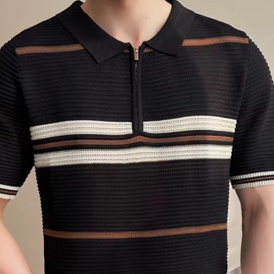 2025 Summer Striped Knitted Shirt for Men, Business Casual Short Sleeve POLO, Half-Zip Breathable T-Shirt.Stretchable