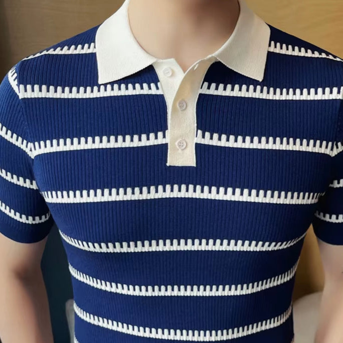 Men'S Slim Fit Striped Knit Polo Shirt - Soft Breathable Fabric for Business Casual & Everyday Versatility M-4XL