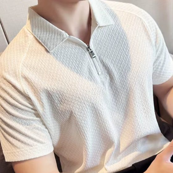 Men'S Short-Sleeved White Golf Shirt, Seersucker Mesh Fabric, Ice Silk Thin High Elastic Half Zipper Polo Shirt,T-Shirt