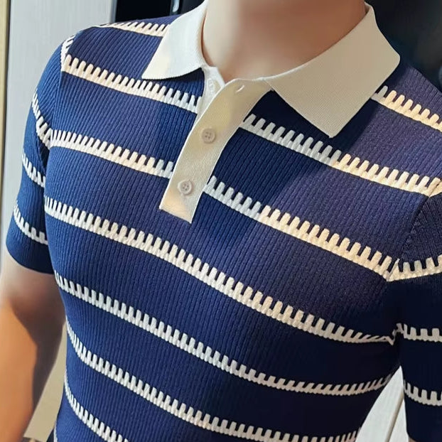 Men'S Slim Fit Striped Knit Polo Shirt - Soft Breathable Fabric for Business Casual & Everyday Versatility M-4XL