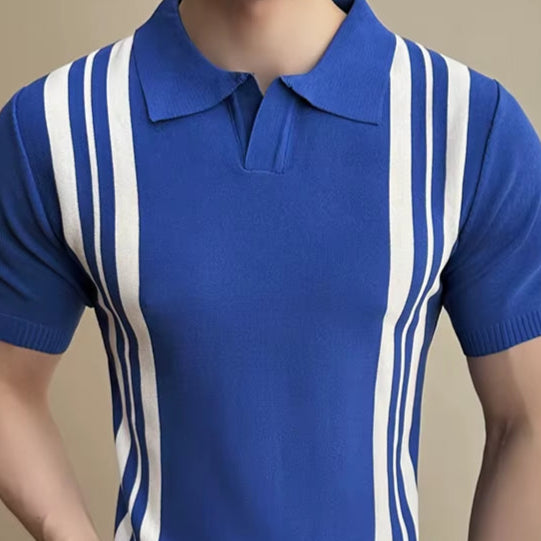 2025 Summer Slim Fit Striped Contrast Knit Ice Polo Shirt Men'S Stretchable Short Sleeve T-Shirt M-4XL