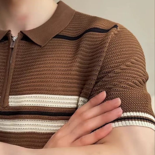 2025 Summer Striped Knitted Shirt for Men, Business Casual Short Sleeve POLO, Half-Zip Breathable T-Shirt.Stretchable