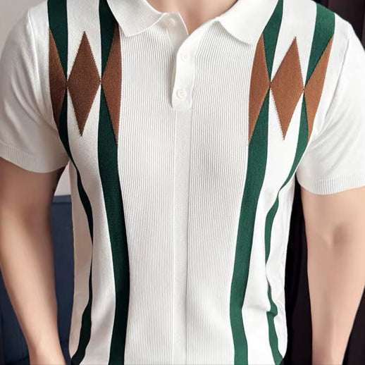 Contemporary Men'S Polo: White Shirt with Earth-Tone Geometric Lines | Office-To-Outing Versatility M-4XL