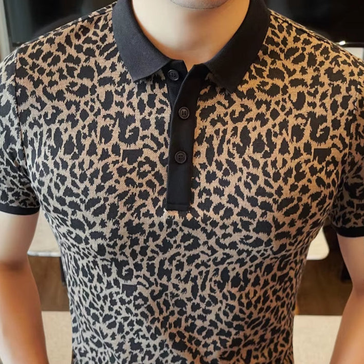 2025 Men'S Fashion Leopard Print Polo Shirt - Slim Fit Stretchable Short Sleeve Tee for Casual Wear M-4XL
