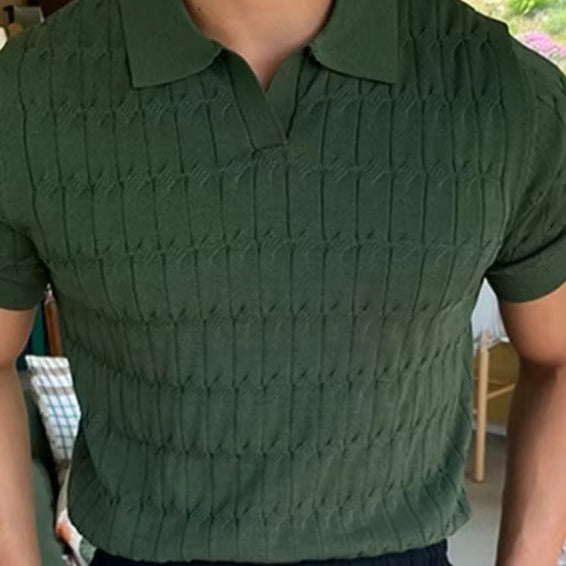 Jacquard Knitted Polo, Men'S Casual V-Neck Striped T-Shirt, Solid Color Short Sleeve Lightweight Breathable Luxury Clothing