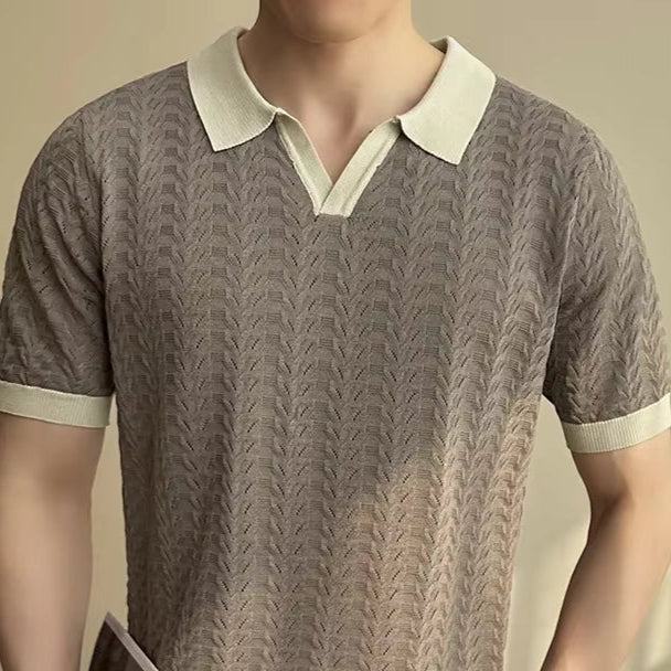 Summer New Casual Breathable Hollow Short Sleeve Polo Shirt for Men, Stretchable V-Neck Spliced Knitwear.