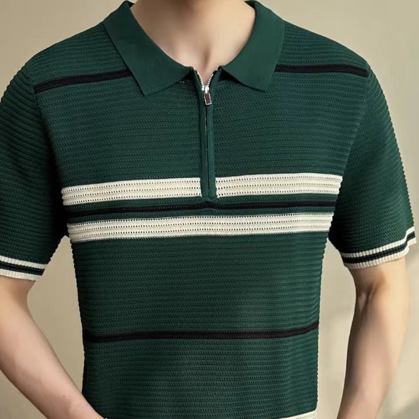 2025 Summer Striped Knitted Shirt for Men, Business Casual Short Sleeve POLO, Half-Zip Breathable T-Shirt.Stretchable