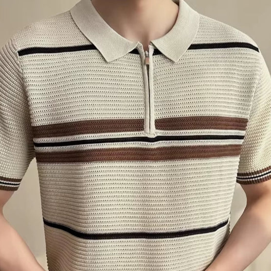 2025 Summer Striped Knitted Shirt for Men, Business Casual Short Sleeve POLO, Half-Zip Breathable T-Shirt.Stretchable