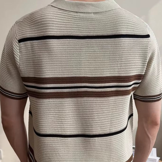 2025 Summer Striped Knitted Shirt for Men, Business Casual Short Sleeve POLO, Half-Zip Breathable T-Shirt.Stretchable