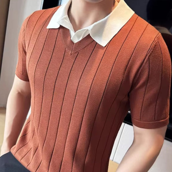 Thin Fashion Striped Lapel Knitted Polo Shirt, Fake Two-Piece Knitted Short-Sleeved T-Shirt ~ Yellow Brown T-Shirt
