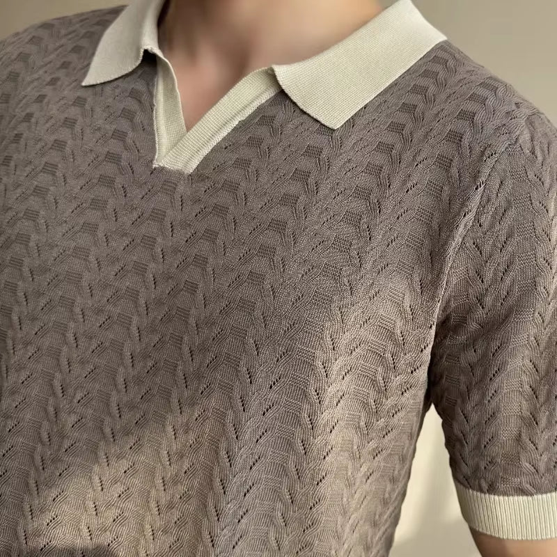 Summer New Casual Breathable Hollow Short Sleeve Polo Shirt for Men, Stretchable V-Neck Spliced Knitwear.