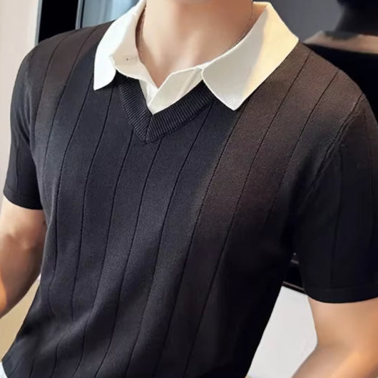 Thin Fashion Striped Lapel Knitted Polo Shirt, Fake Two-Piece Knitted Short-Sleeved T-Shirt ~ Yellow Brown T-Shirt