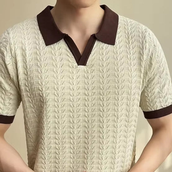 Summer New Casual Breathable Hollow Short Sleeve Polo Shirt for Men, Stretchable V-Neck Spliced Knitwear.