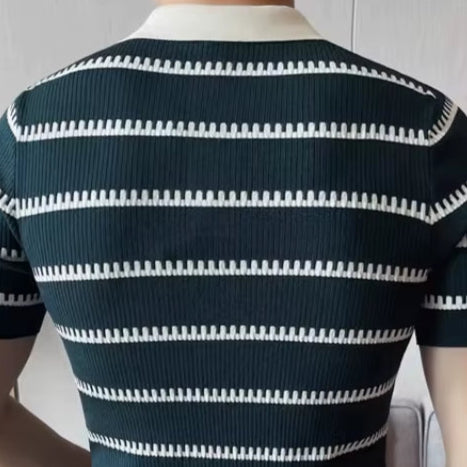 Men'S Slim Fit Striped Knit Polo Shirt - Soft Breathable Fabric for Business Casual & Everyday Versatility M-4XL