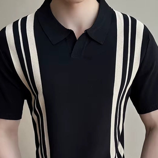 2025 Summer Slim Fit Striped Contrast Knit Ice Polo Shirt Men'S Stretchable Short Sleeve T-Shirt M-4XL