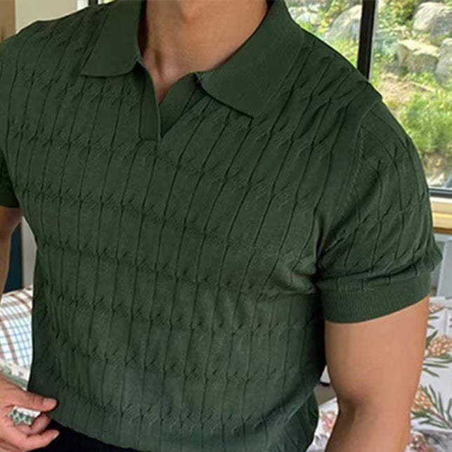 Jacquard Knitted Polo, Men'S Casual V-Neck Striped T-Shirt, Solid Color Short Sleeve Lightweight Breathable Luxury Clothing