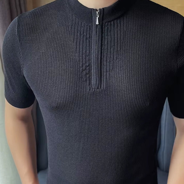 Men Stylish Short Sleeve Polo Shirt - Modern Design with Zipper Collar - Perfect Casual and Formal Occasions - Comfortable Fit