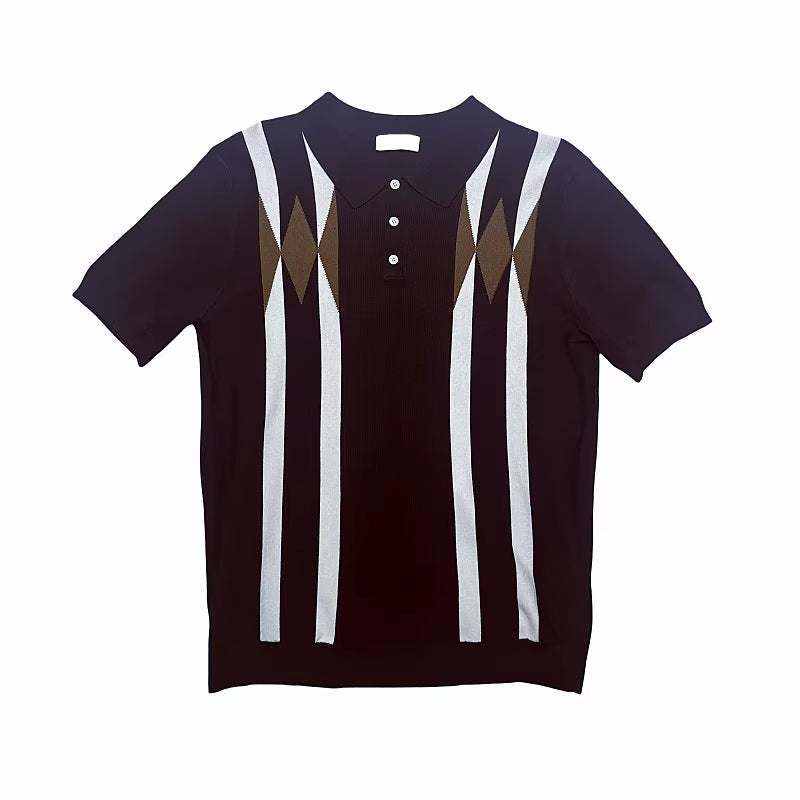 Contemporary Men'S Polo: White Shirt with Earth-Tone Geometric Lines | Office-To-Outing Versatility M-4XL