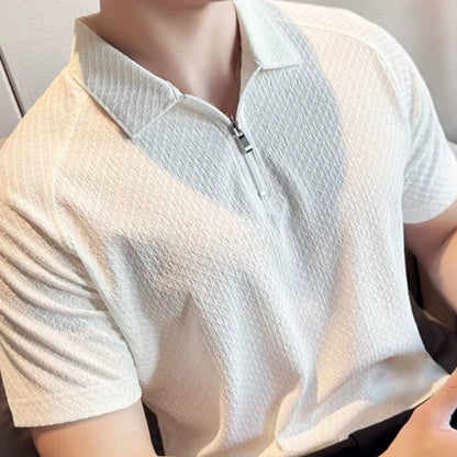 Men'S Short-Sleeved White Golf Shirt, Seersucker Mesh Fabric, Ice Silk Thin High Elastic Half Zipper Polo Shirt,T-Shirt
