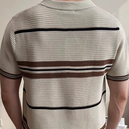 2025 Summer Striped Knitted Shirt for Men, Business Casual Short Sleeve POLO, Half-Zip Breathable T-Shirt.Stretchable