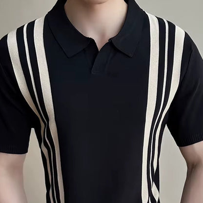 2025 Summer Slim Fit Striped Contrast Knit Ice Polo Shirt Men'S Stretchable Short Sleeve T-Shirt M-4XL